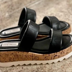Steve Madden black leather wedge sandal